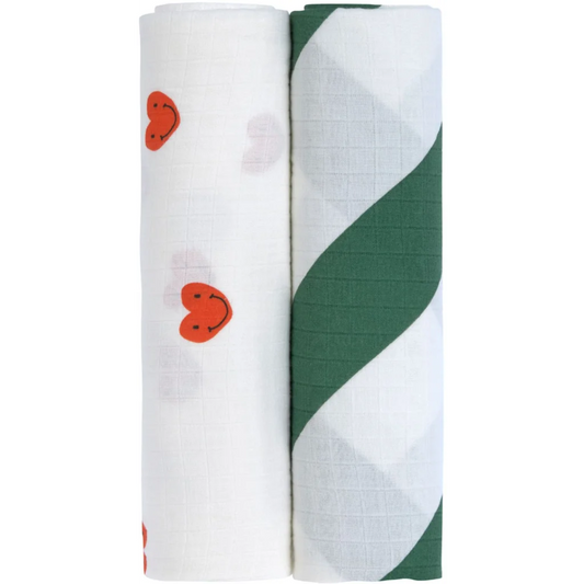 Bio Mull Baby-Tuch Herz 2er-Pack in Muster Herz+Streifen von Lässig Größe 120x120 cm