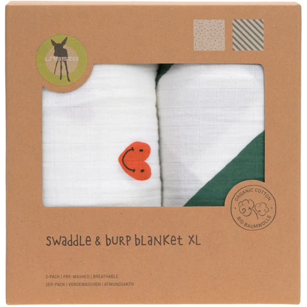 Bio Mull Baby-Tuch Herz 2er-Pack in Muster Herz+Streifen von Lässig Größe 120x120 cm