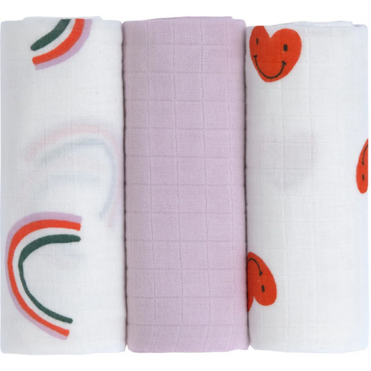 Bio Mull Baby-Tuch Herz 3er-Pack in Flieder Lila Muster Regenbogen+Herz von Lässig Größe 60x60 cm