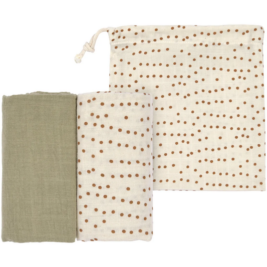 Mull Baby-Tuch 2er-Pack in Olive Grün Muster Punkte von Lässig Größe 60x60 cm