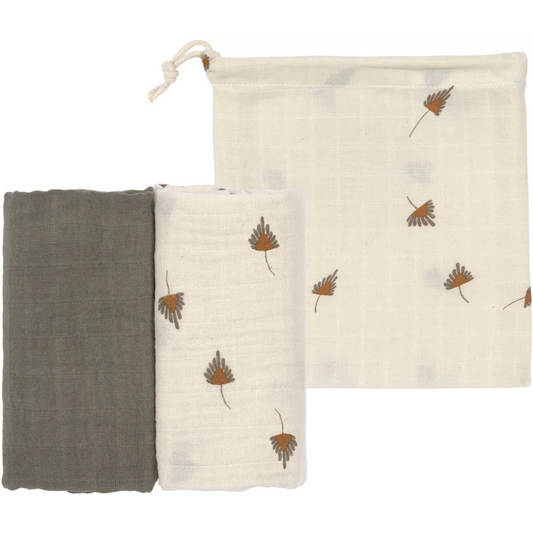 Mull Baby-Tuch 2er-Pack in Taupe Grau Muster Blätter von Lässig Größe 60x60 cm