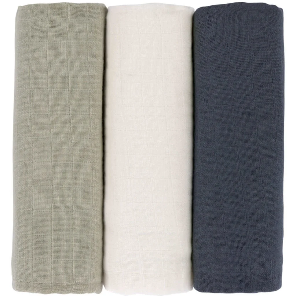 Mull Baby-Tuch 3er-Pack in Olive+Creme+Dunkelblau Grün+Creme+Blau von Lässig Größe 85x85 cm