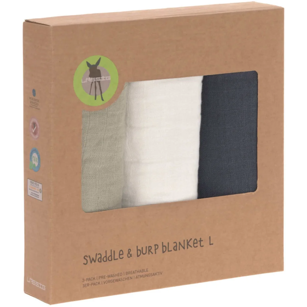 Mull Baby-Tuch 3er-Pack in Olive+Creme+Dunkelblau Grün+Creme+Blau von Lässig Größe 85x85 cm