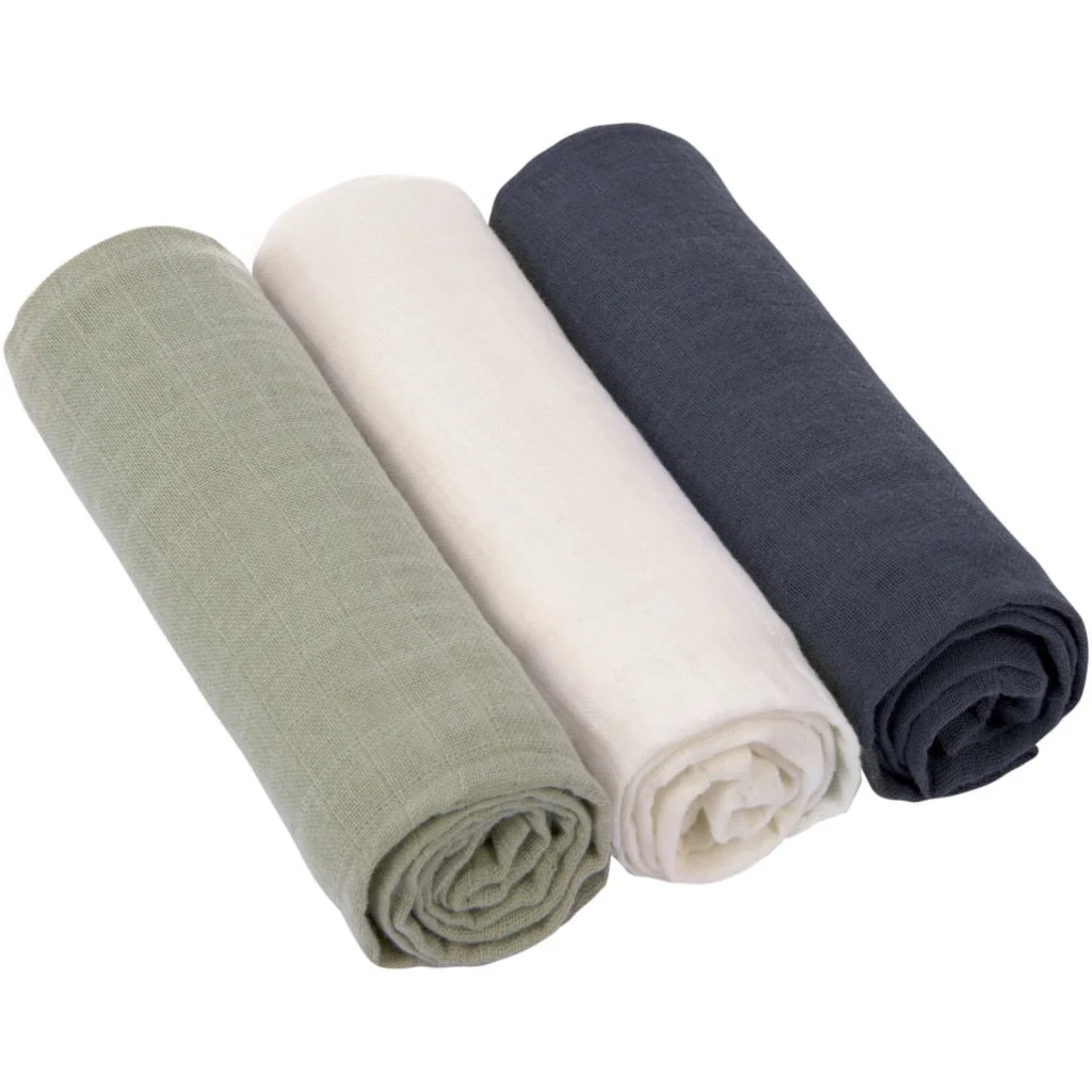 Mull Baby-Tuch 3er-Pack in Olive+Creme+Dunkelblau Grün+Creme+Blau von Lässig Größe 85x85 cm