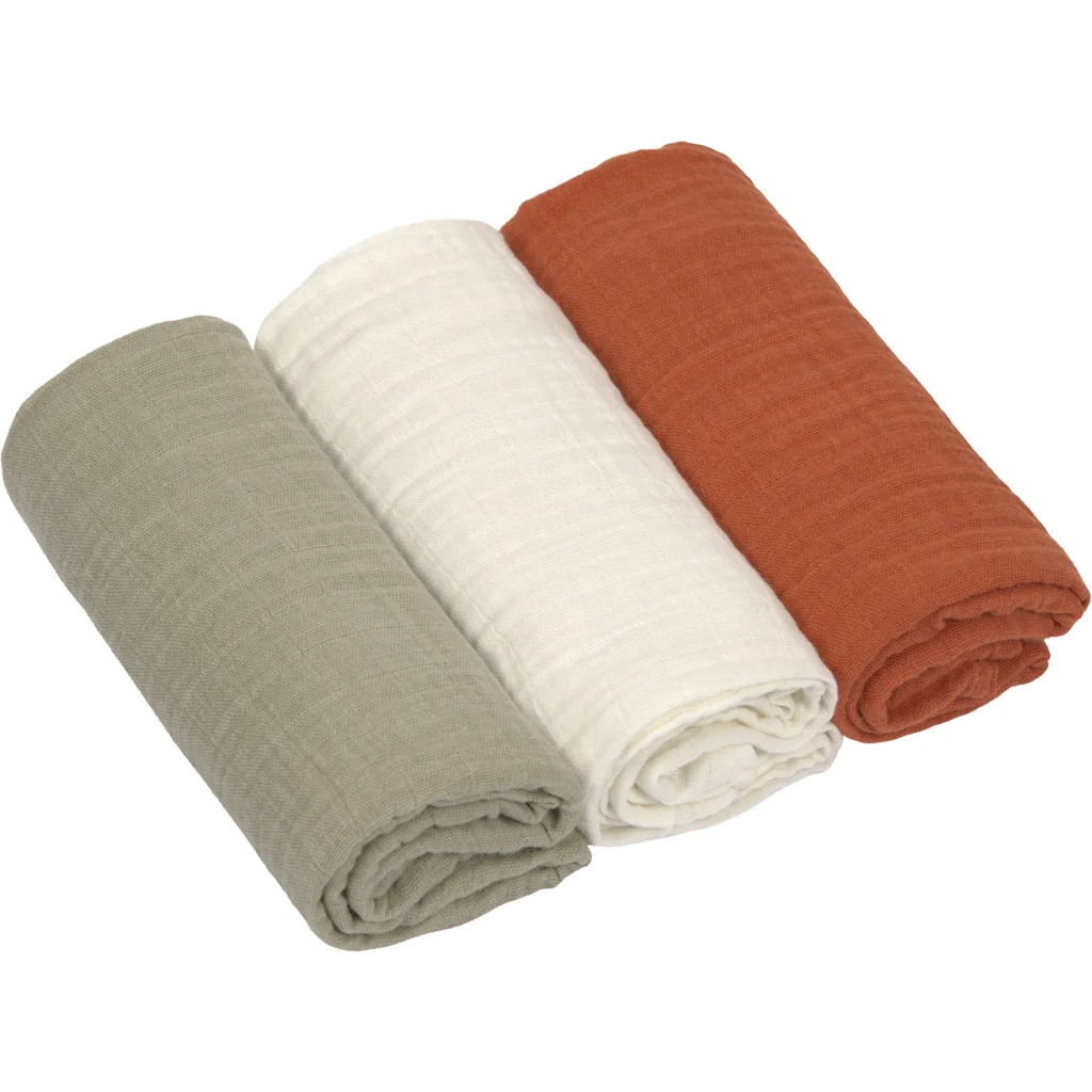 Mull Baby-Tuch 3er-Pack in Olive+Creme+Rost Grün+Creme+Rot von Lässig Größe 60x60 cm