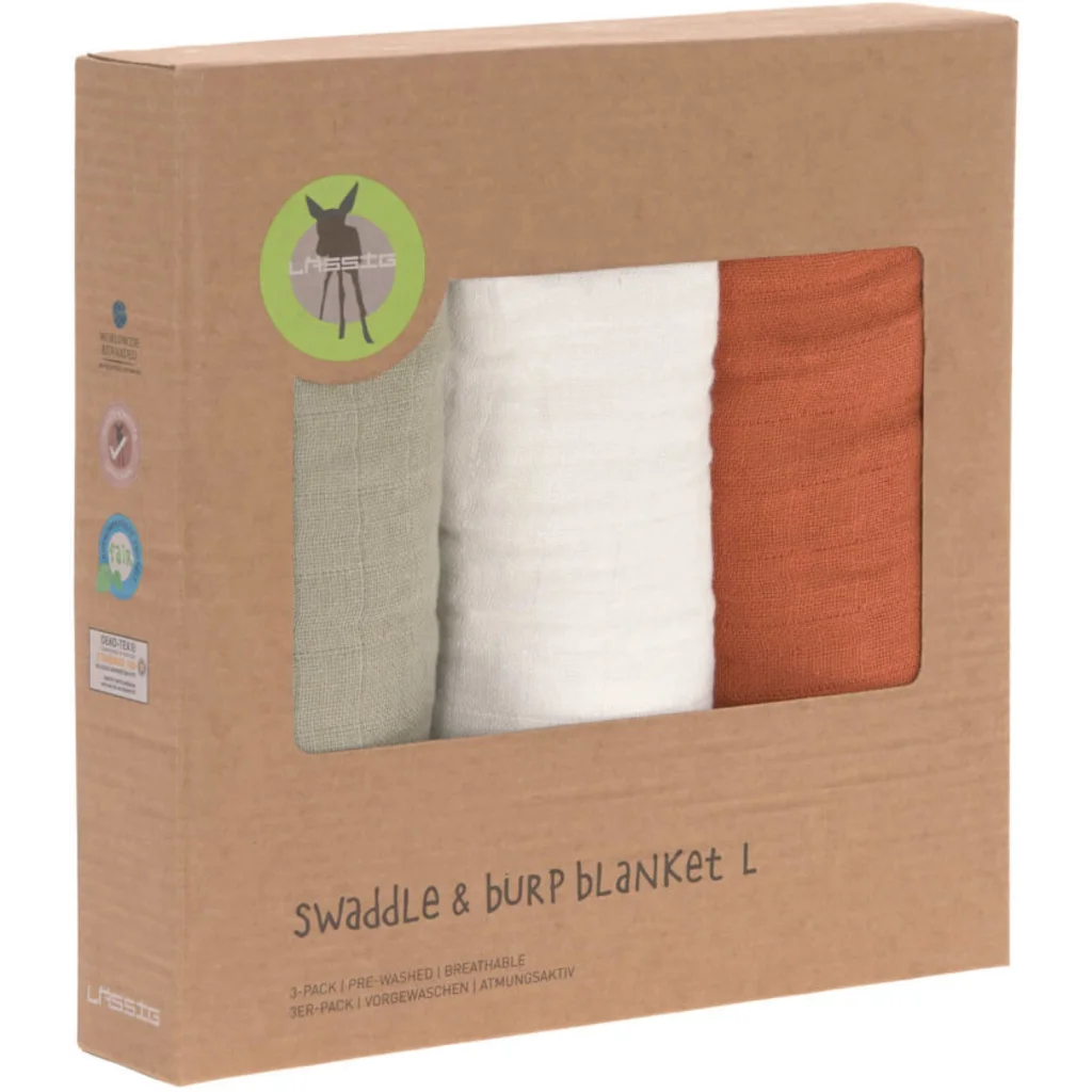 Mull Baby-Tuch 3er-Pack in Olive+Creme+Rost Grün+Creme+Rot von Lässig Größe 85x85 cm