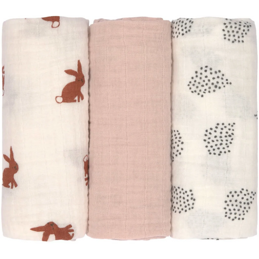Mull Baby-Tuch Hase 3er-Pack in Rosa Muster Hase von Lässig Größe 60x60 cm