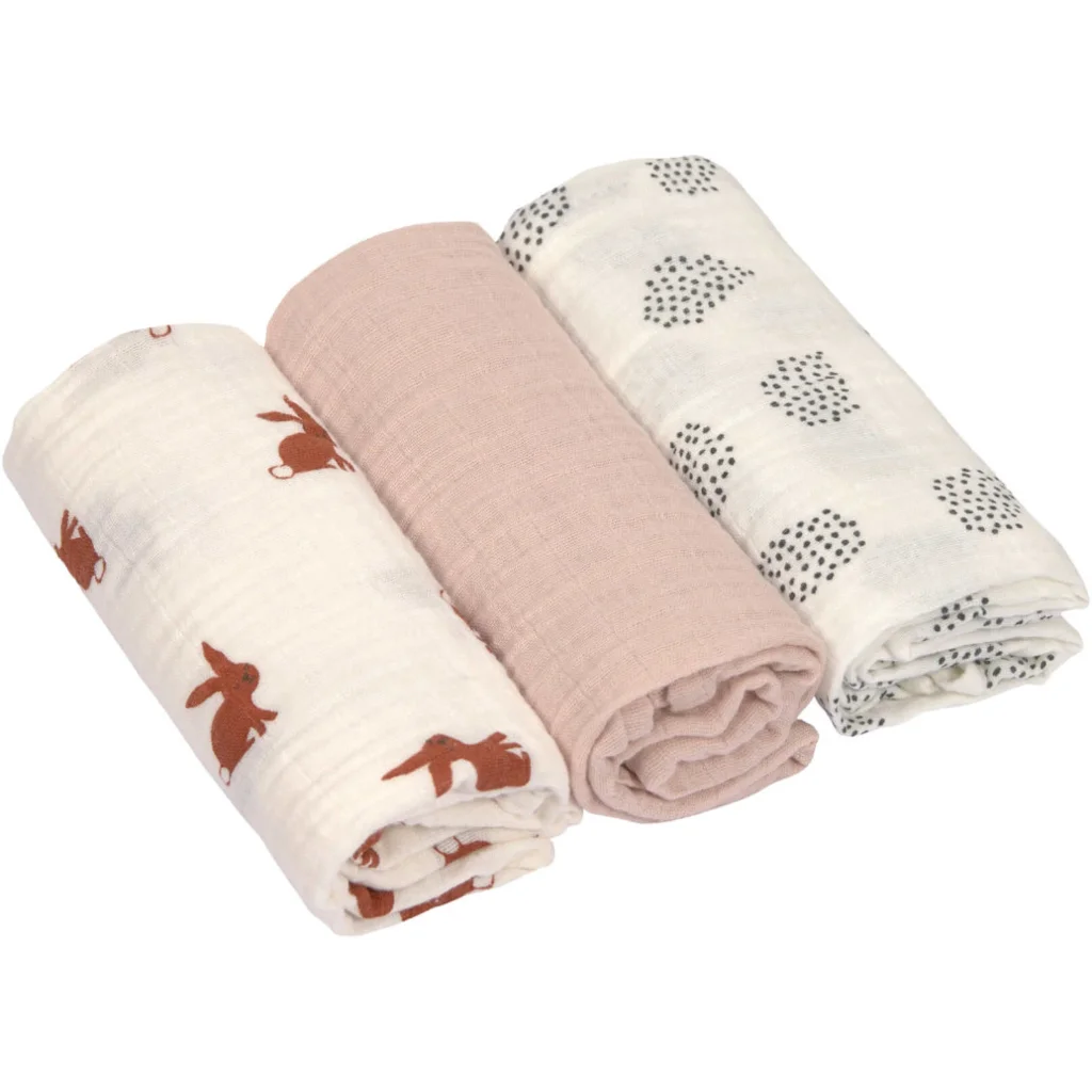 Mull Baby-Tuch Hase 3er-Pack in Rosa Muster Hase von Lässig Größe 60x60 cm