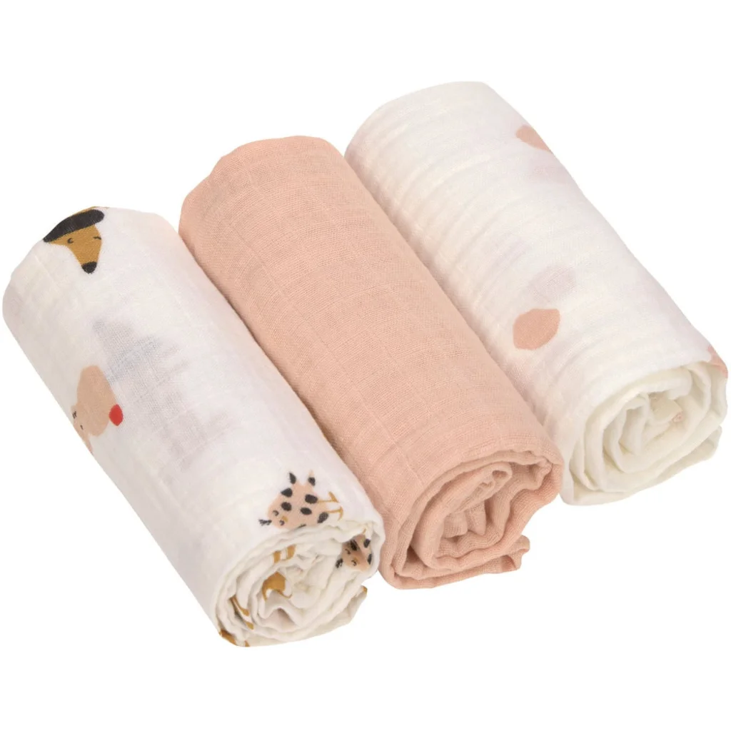 Mull Baby-Tuch Haustiere 3er-Pack in Lachs Rosa Muster Haustiere von Lässig Größe 60x60 cm