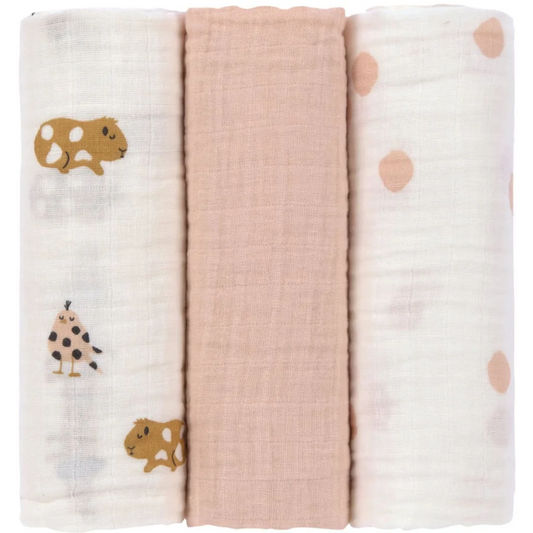 Mull Baby-Tuch Haustiere 3er-Pack in Lachs Rosa Muster Haustiere von Lässig Größe 85x85 cm