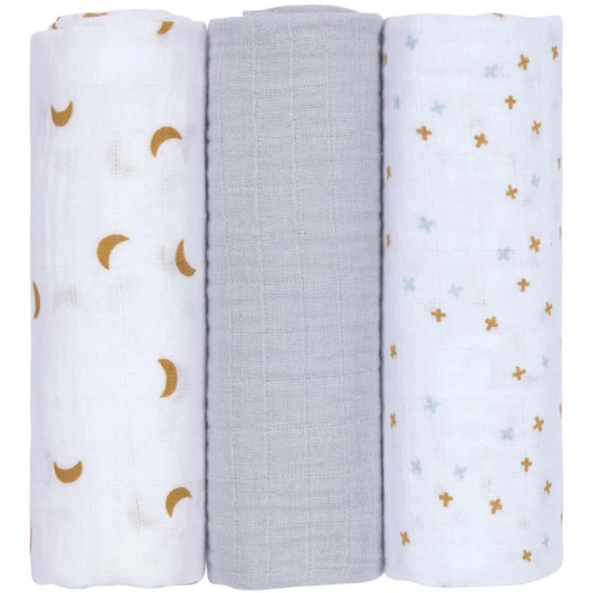 Mull Baby-Tuch Mond 3er-Pack in Hellgrau Grau Muster Mond von Lässig Größe 85x85 cm
