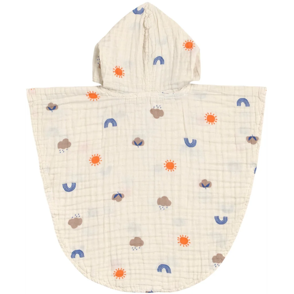 Musselin Baby-+Kinder-Badeponcho in Creme Muster Regenbogen+Sonne+Wolken von Lässig Größe 12-36 Monate