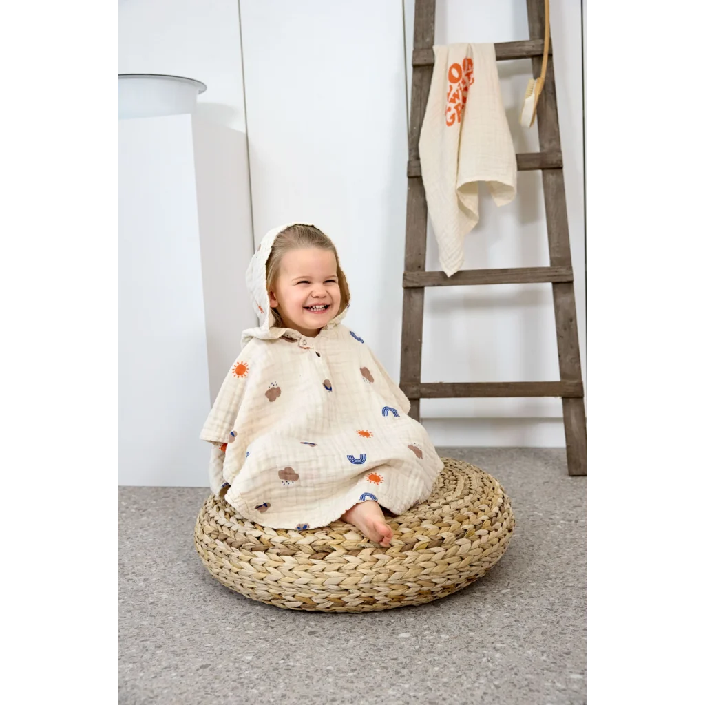 Musselin Baby-+Kinder-Badeponcho in Creme Muster Regenbogen+Sonne+Wolken von Lässig Größe 12-36 Monate