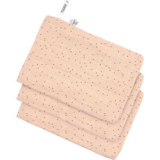 Musselin Baby-+Kinder-Waschhandschuh 3er-Pack in Rosa Muster Punkte von Lässig Größe 15x22 cm